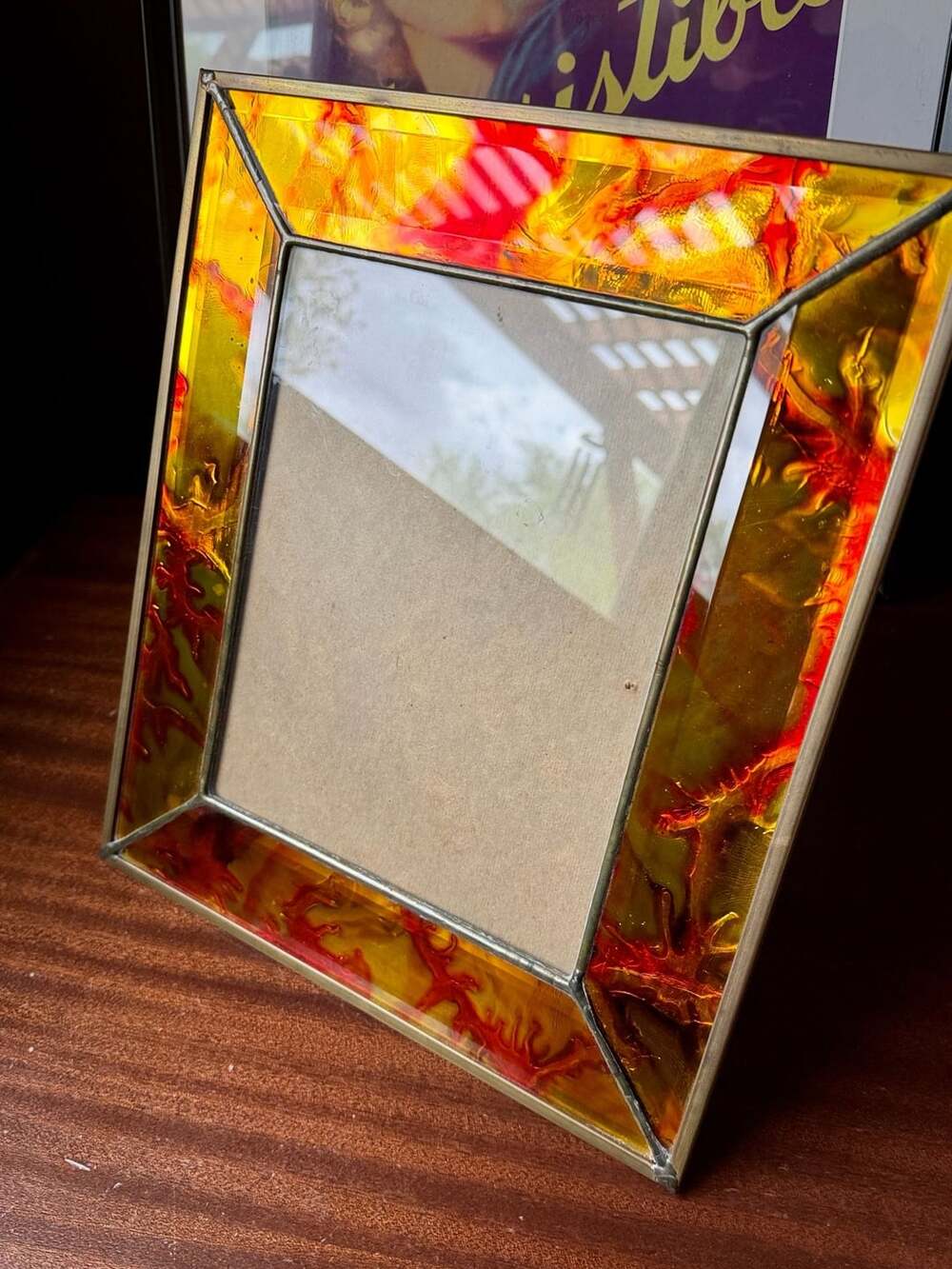 Vintag Glass Brass Photo Frame Orange Red stained glass